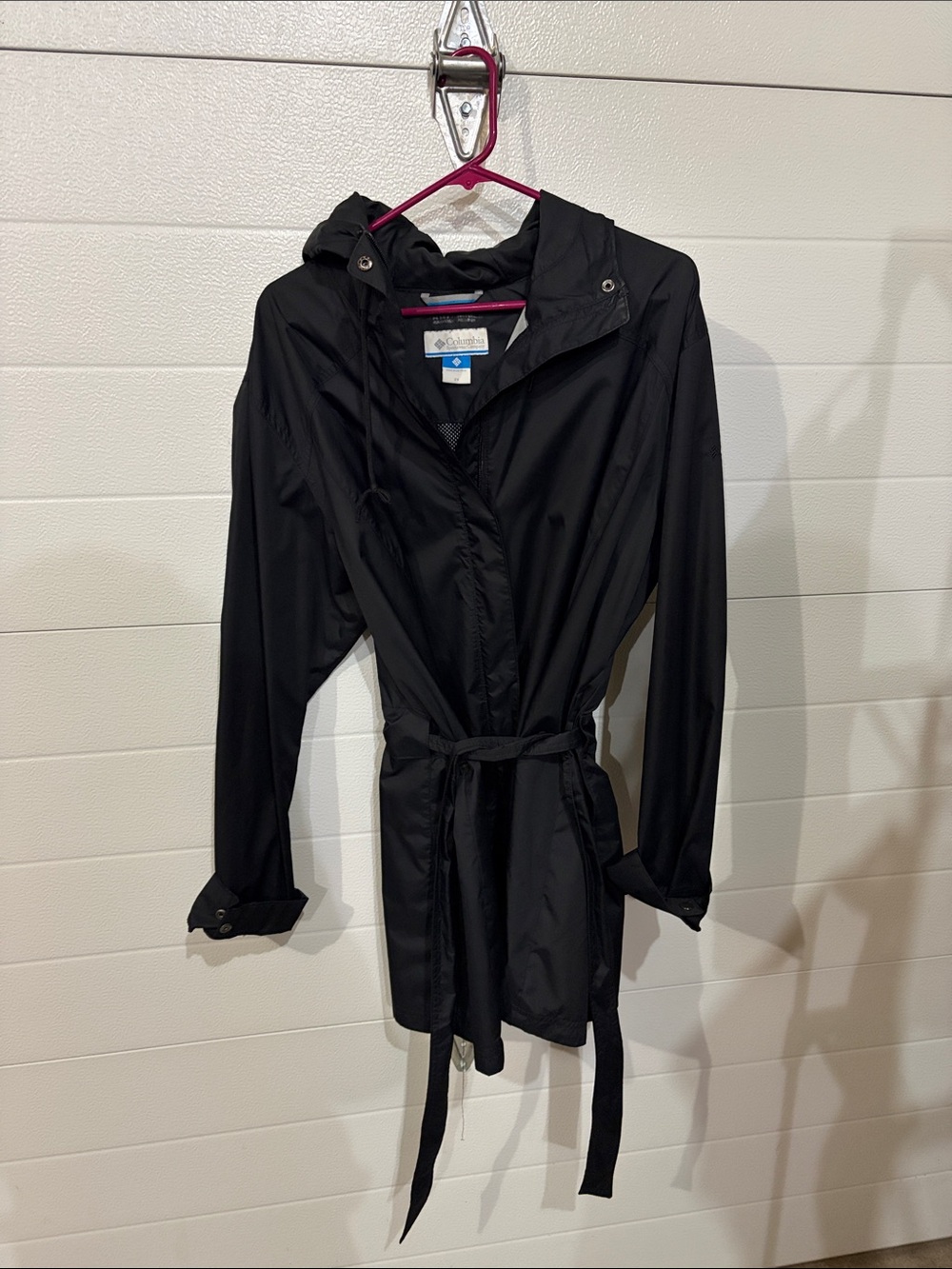Columbia Black Hooded Trench Raincoat with Waist Tie